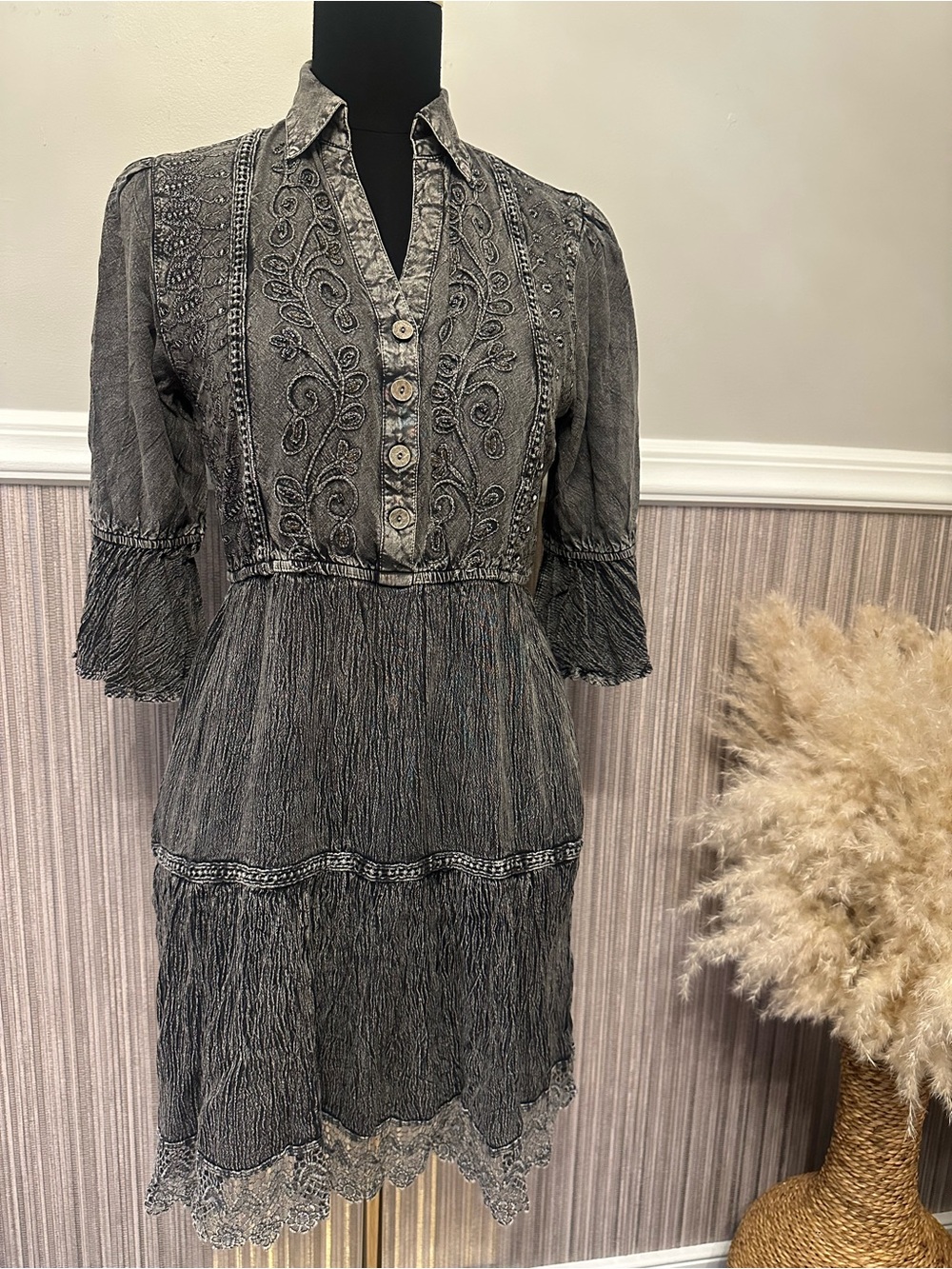 Young Threads Charcoal Embroidered Boho Mini Dress Beaded Lace Hem Small